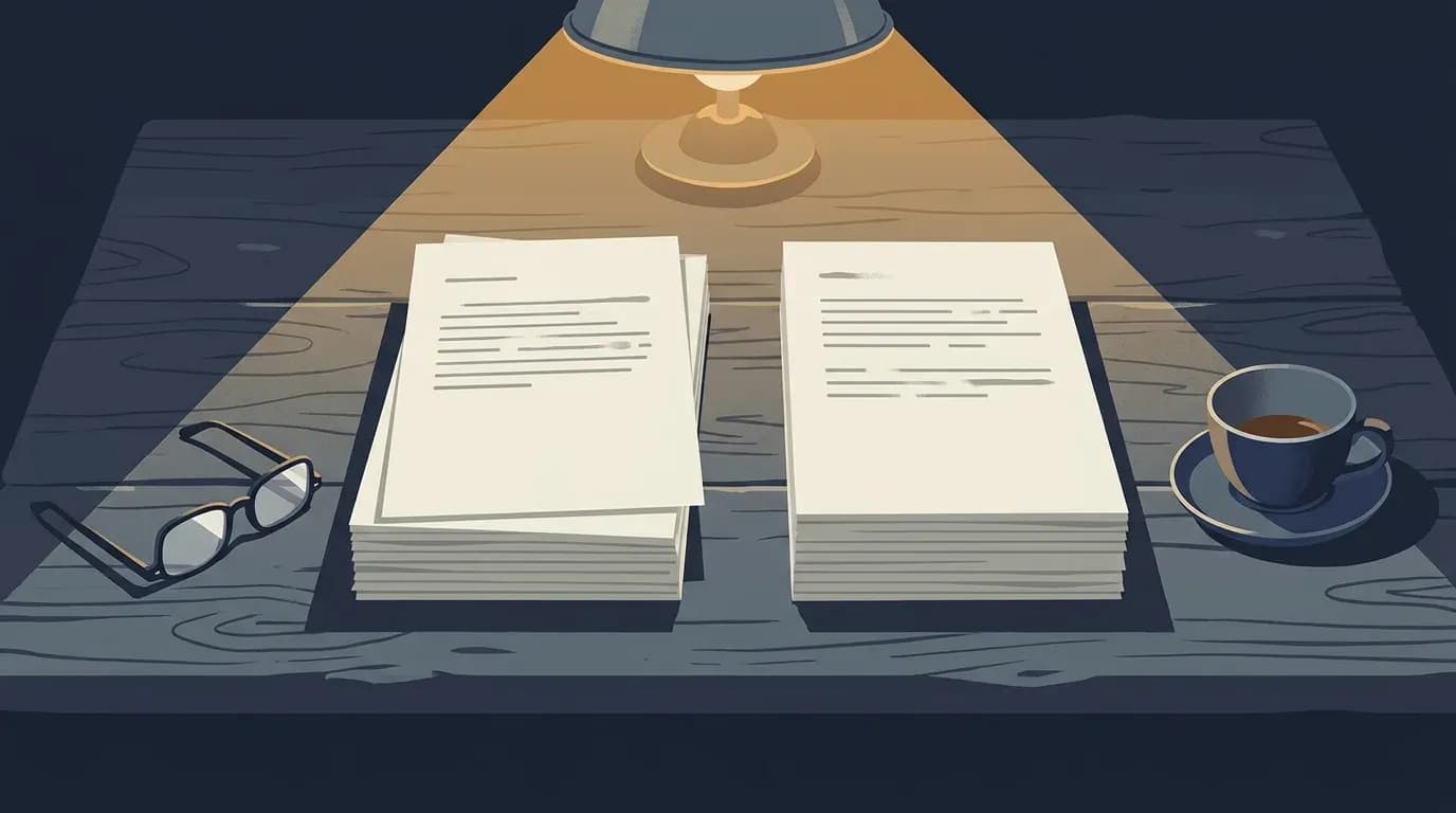 Illustration of two identical stacks of manuscript pages side by side on a desk under a reading lamp
