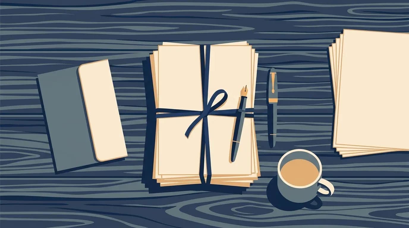 Illustration of a thick stack of manuscript pages tied with a ribbon on a writing desk beside a fountain pen and a cup