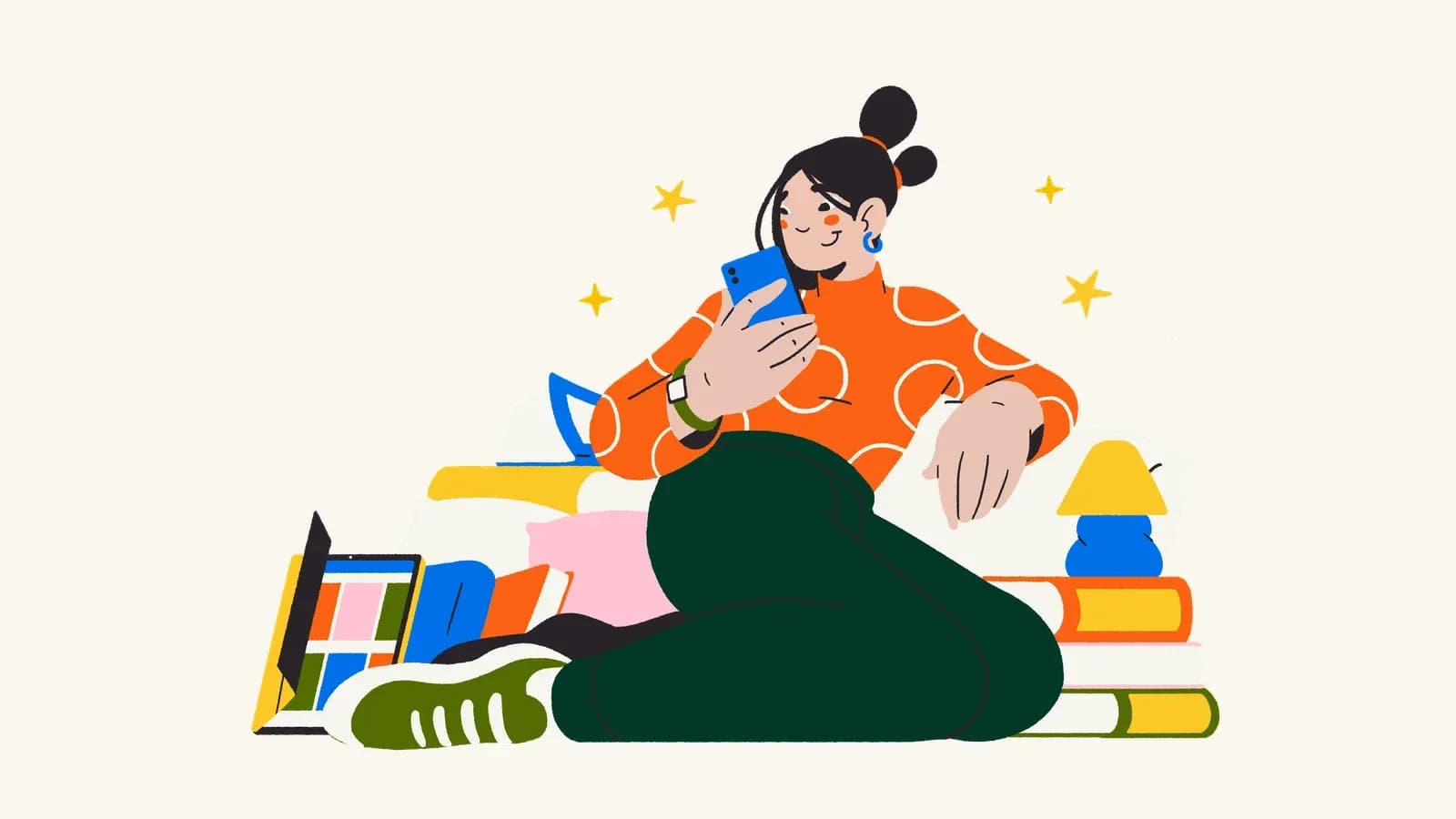 Illustration of a young woman reading on her phone while sitting among stacks of books and cushions