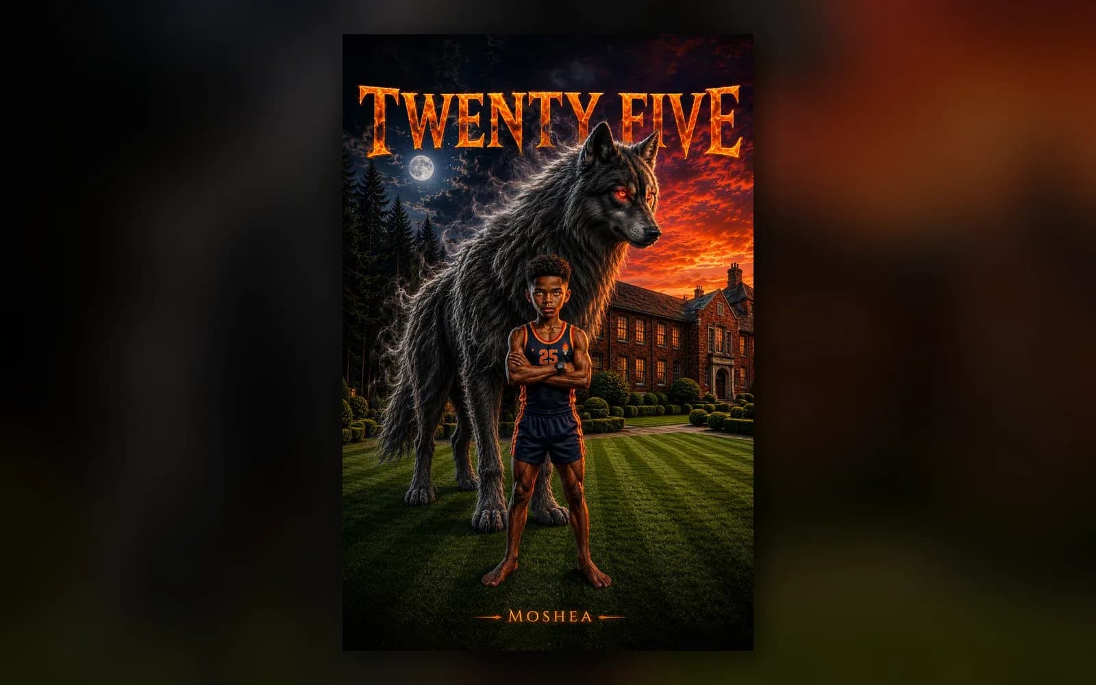 Cover of Twenty Five by Moshea, a boy in a number 25 vest standing in front of a giant wolf on the lawn of a red-brick group home